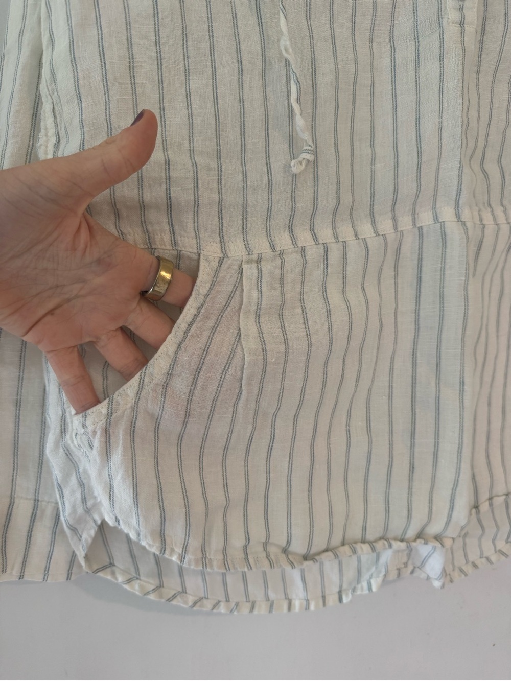 100% Linen Striped Hoodie Tunic Top - Cream with Light Blue Stripes - Picture 5 of 6